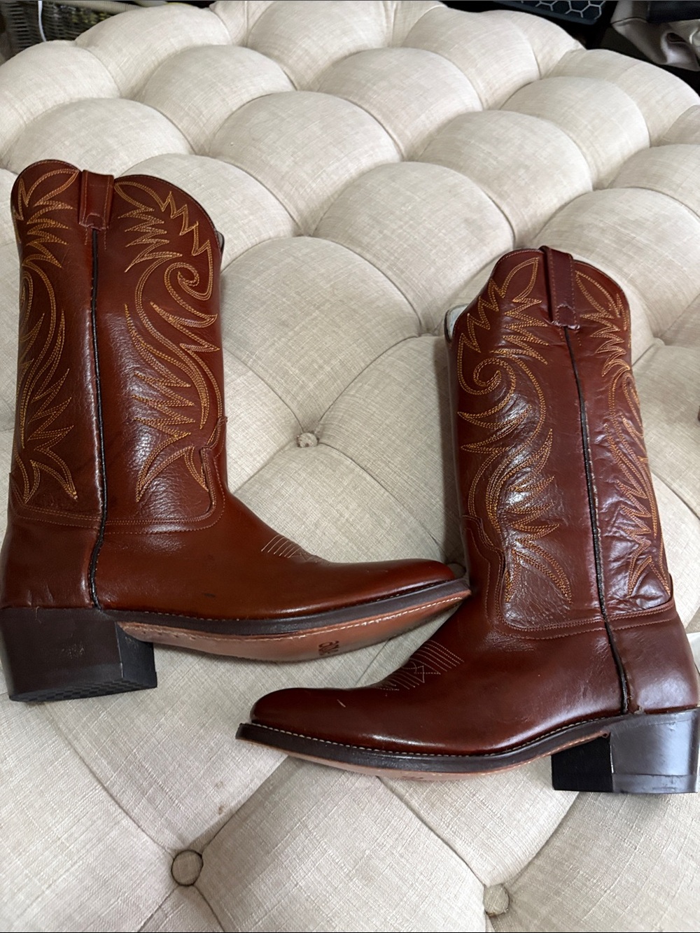 ACME Brown Leather Western Heeled Boots with Stitch Detail - Picture 3 of 11